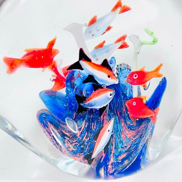 Murano Art Glass School Fish Bubble Hand Blown Paperweight Aquarium Blue Orange - Picture 7 of 13